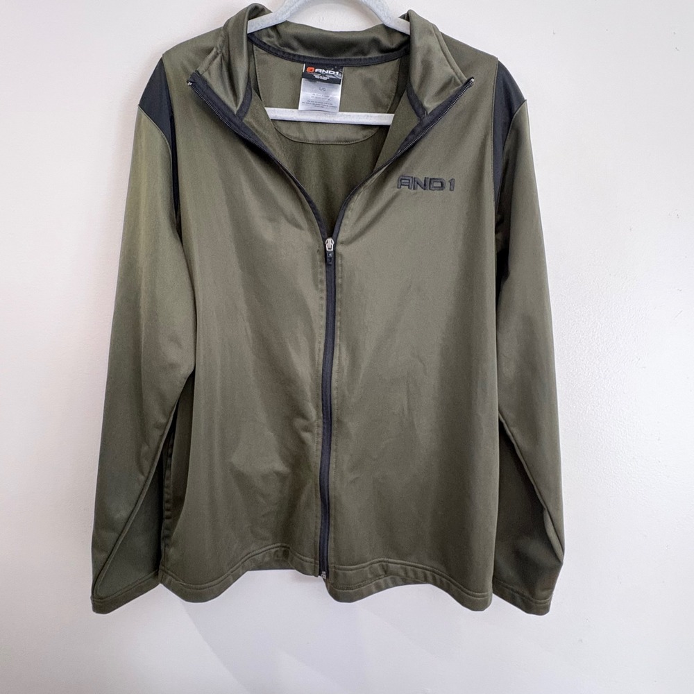 AND1 Men Large Track Jacket Olive Green Excellent Gorpcore Athletic Full Zip